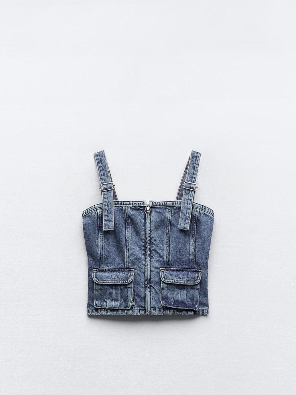 Women Denim Zip-Front Crop Top with Pockets - Blue
